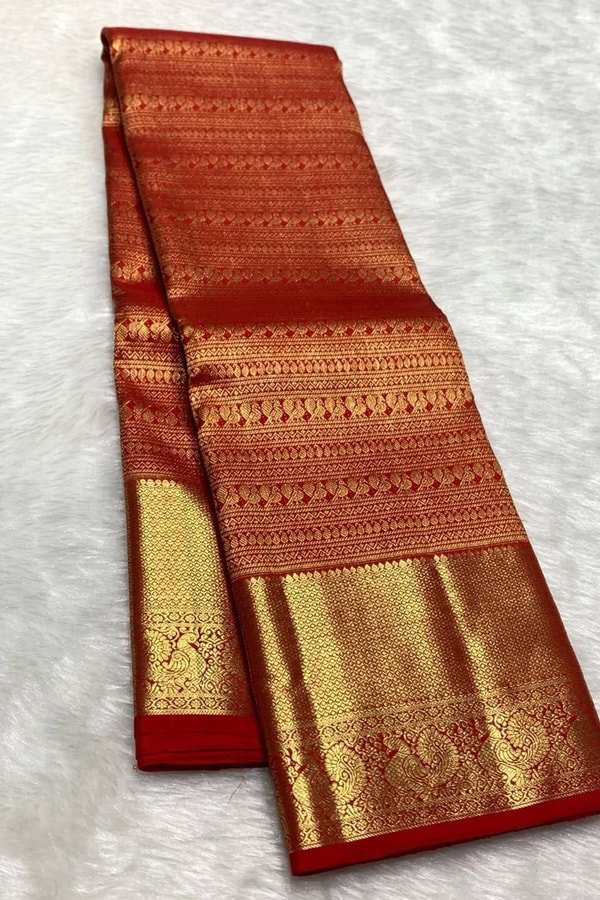 All-Over Zari Brocade Banarasi Soft Silk Saree with Contrast Gold Border in Red and Wine  in Surat