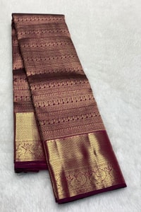 All-Over Zari Brocade Banarasi Soft Silk Saree with Contrast Gold Border in Red and Wine  in Surat