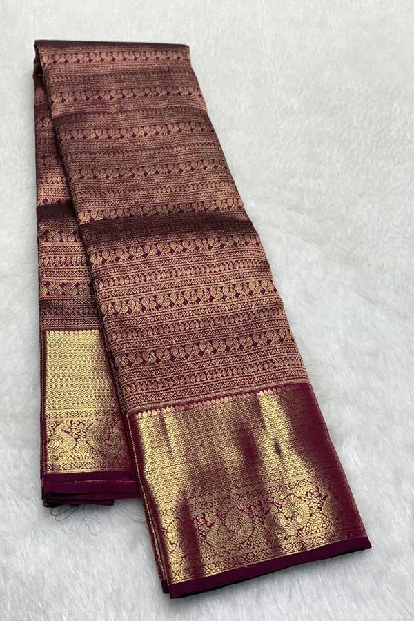 All-Over Zari Brocade Banarasi Soft Silk Saree with Contrast Gold Border in Red and Wine  in Surat
