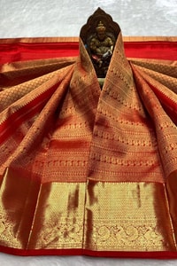 All-Over Zari Brocade Banarasi Soft Silk Saree with Contrast Gold Border in Red and Wine  in Surat