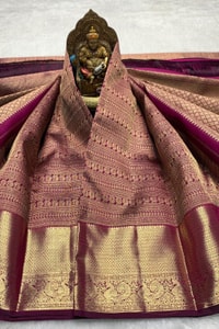All-Over Zari Brocade Banarasi Soft Silk Saree with Contrast Gold Border in Red and Wine  in Surat