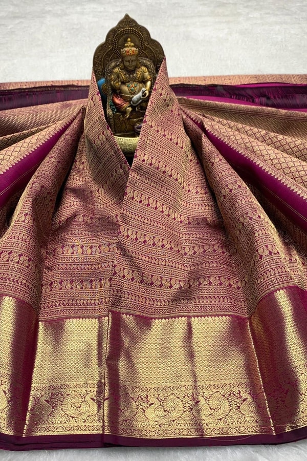 All-Over Zari Brocade Banarasi Soft Silk Saree with Contrast Gold Border in Red and Wine  in Surat