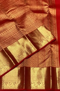All-Over Zari Brocade Banarasi Soft Silk Saree with Contrast Gold Border in Red and Wine  in Surat