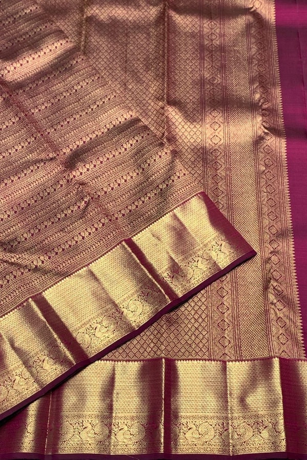 All-Over Zari Brocade Banarasi Soft Silk Saree with Contrast Gold Border in Red and Wine  in Surat