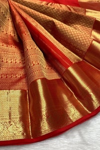 All-Over Zari Brocade Banarasi Soft Silk Saree with Contrast Gold Border in Red and Wine  in Surat