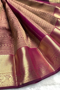 All-Over Zari Brocade Banarasi Soft Silk Saree with Contrast Gold Border in Red and Wine  in Surat
