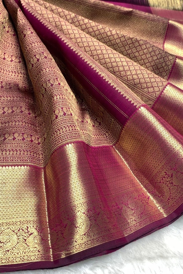 All-Over Zari Brocade Banarasi Soft Silk Saree with Contrast Gold Border in Red and Wine  in Surat