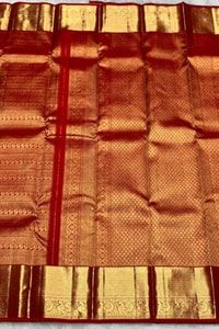 All-Over Zari Brocade Banarasi Soft Silk Saree with Contrast Gold Border in Red and Wine  in Surat