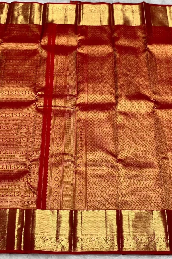 All-Over Zari Brocade Banarasi Soft Silk Saree with Contrast Gold Border in Red and Wine  in Surat