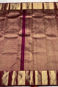 All-Over Zari Brocade Banarasi Soft Silk Saree with Contrast Gold Border in Red and Wine  in Surat