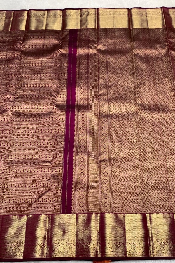 All-Over Zari Brocade Banarasi Soft Silk Saree with Contrast Gold Border in Red and Wine  in Surat