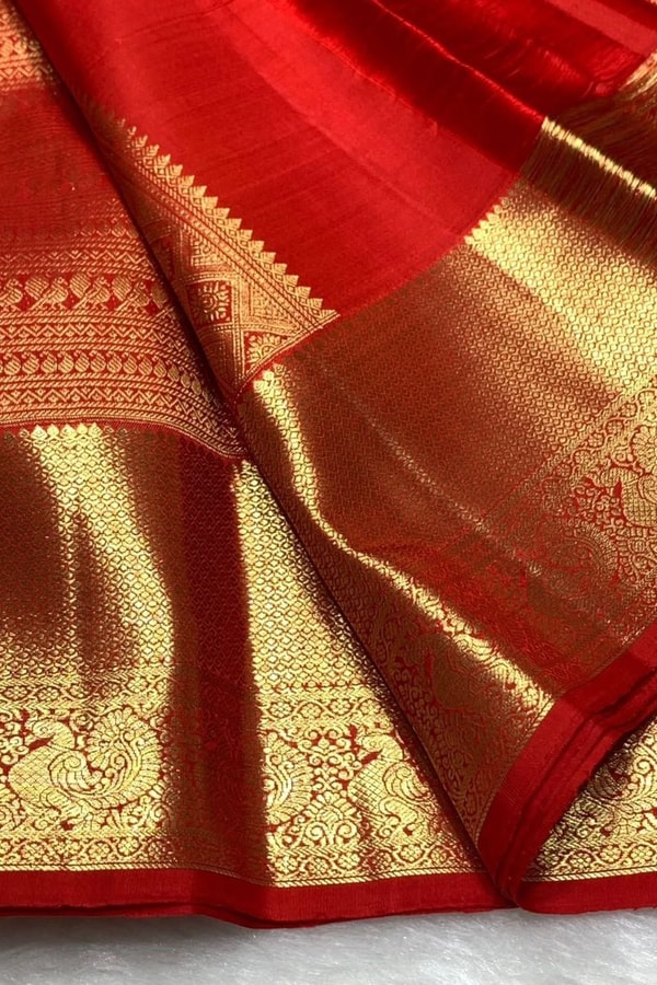 All-Over Zari Brocade Banarasi Soft Silk Saree with Contrast Gold Border in Red and Wine  in Surat