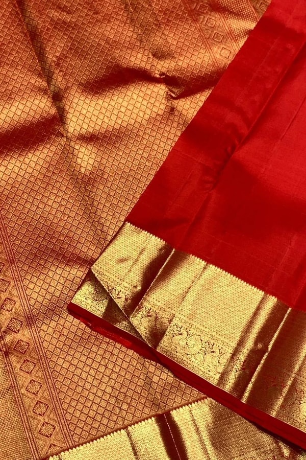 All-Over Zari Brocade Banarasi Soft Silk Saree with Contrast Gold Border in Red and Wine  in Surat