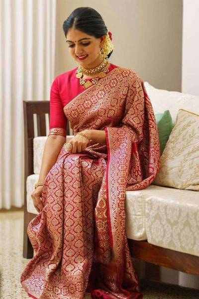 Allover Golden Flower Banarasi Soft Wedding Wear Saree in Surat