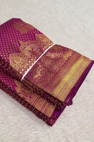 Antique Zari Floral Butta Banarasi Soft Silk Saree with Woven Dot Body in Pink and Wine in Surat