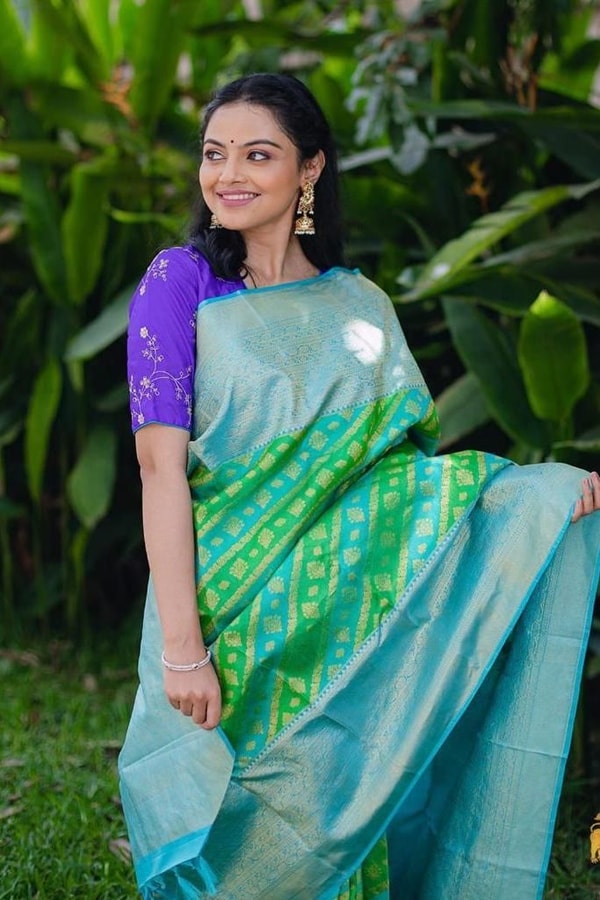 Aqua Banarasi Soft Silk Saree with Green Patola-Style Geometric Weave and Silver Zari Border  in Surat