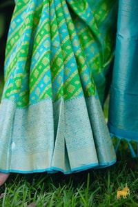 Aqua Banarasi Soft Silk Saree with Green Patola-Style Geometric Weave and Silver Zari Border  in Surat