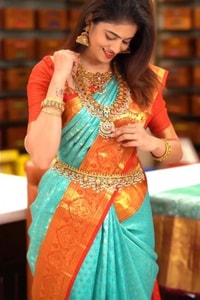 Aqua Green Banarasi Soft Silk Saree with Contrast Rust Orange Zari Border and Pallu  in Surat