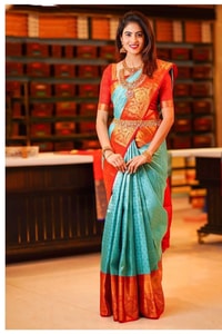Aqua Green Banarasi Soft Silk Saree with Contrast Rust Orange Zari Border and Pallu  in Surat