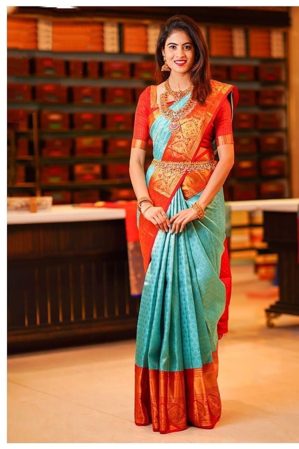 Aqua Green Banarasi Soft Silk Saree with Contrast Rust Orange Zari Border and Pallu  in Surat