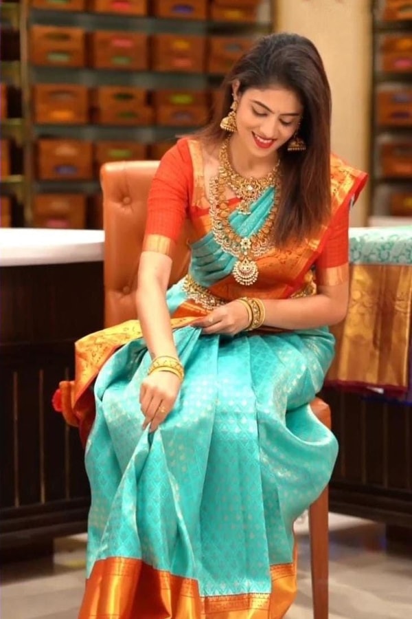 Aqua Green Banarasi Soft Silk Saree with Contrast Rust Orange Zari Border and Pallu  in Surat