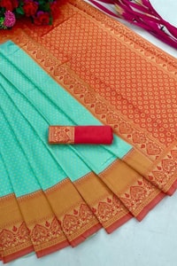 Aqua Green Banarasi Soft Silk Saree with Contrast Rust Orange Zari Border and Pallu  in Surat