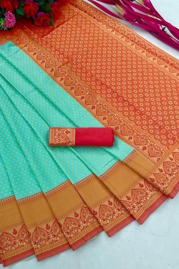 Aqua Green Banarasi Soft Silk Saree with Contrast Rust Orange Zari Border and Pallu  in Surat