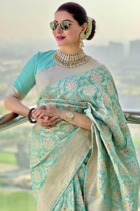 Aqua Green Banarasi Soft Silk Saree with Gold Zari Floral Jaal and Rich Woven Pallu  in Surat