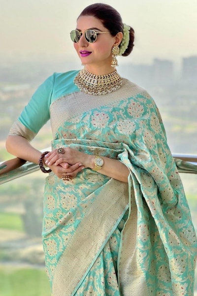 Aqua Green Banarasi Soft Silk Saree with Gold Zari Floral Jaal and Rich Woven Pallu in Surat