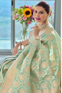 Aqua Green Banarasi Soft Silk Saree with Gold Zari Floral Jaal and Rich Woven Pallu  in Surat