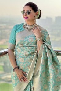 Aqua Green Banarasi Soft Silk Saree with Gold Zari Floral Jaal and Rich Woven Pallu  in Surat