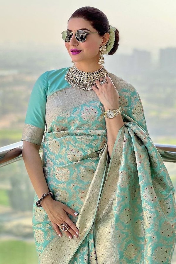 Aqua Green Banarasi Soft Silk Saree with Gold Zari Floral Jaal and Rich Woven Pallu  in Surat