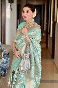 Aqua Green Banarasi Soft Silk Saree with Gold Zari Floral Jaal and Rich Woven Pallu  in Surat