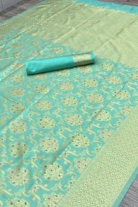 Aqua Green Banarasi Soft Silk Saree with Gold Zari Floral Jaal and Rich Woven Pallu  in Surat