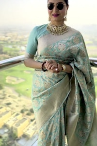 Aqua Green Banarasi Soft Silk Saree with Gold Zari Floral Jaal and Rich Woven Pallu  in Surat video 2