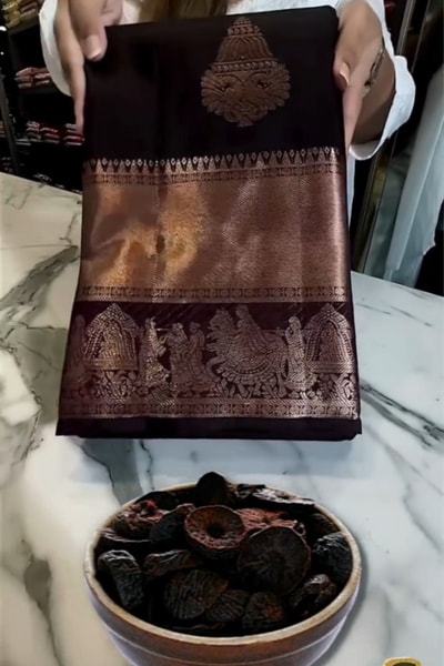 Aubergine Banarasi Soft Silk Saree with Copper Zari Leaf Buttas and Rose-Copper Pallu in Surat