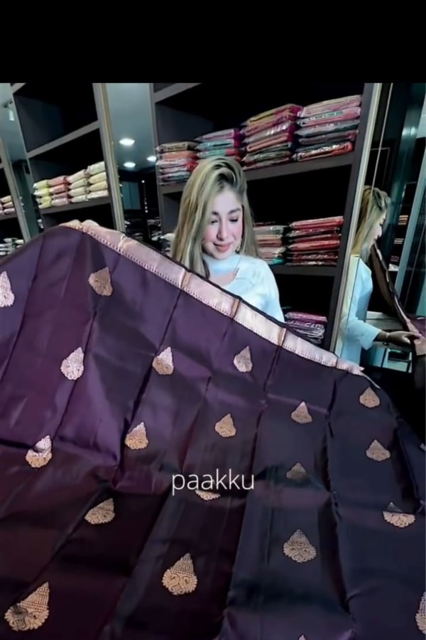 Aubergine Banarasi Soft Silk Saree with Copper Zari Leaf Buttas and Rose-Copper Pallu  in Surat