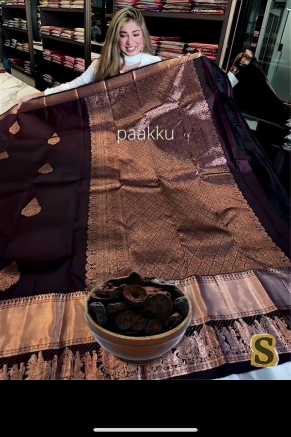 Aubergine Banarasi Soft Silk Saree with Copper Zari Leaf Buttas and Rose-Copper Pallu  in Surat