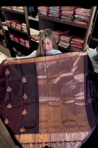 Aubergine Banarasi Soft Silk Saree with Copper Zari Leaf Buttas and Rose-Copper Pallu  in Surat