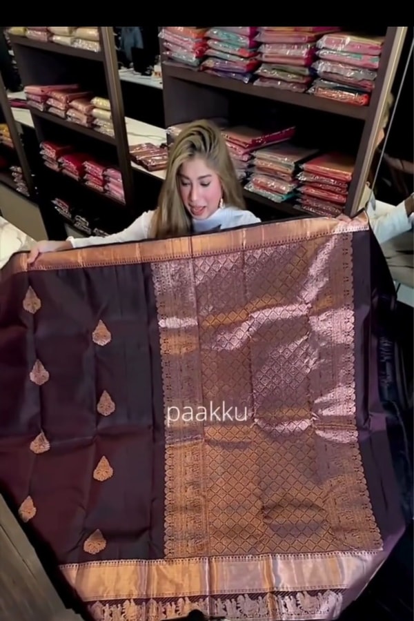 Aubergine Banarasi Soft Silk Saree with Copper Zari Leaf Buttas and Rose-Copper Pallu  in Surat
