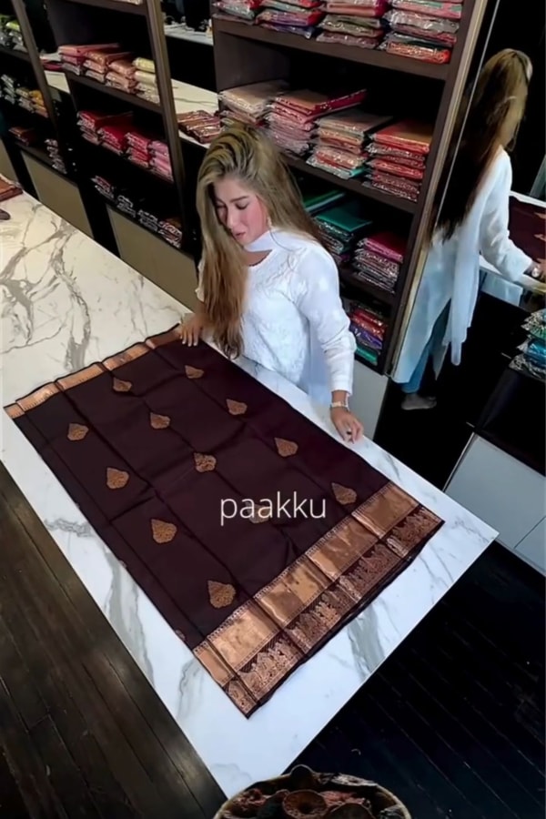 Aubergine Banarasi Soft Silk Saree with Copper Zari Leaf Buttas and Rose-Copper Pallu  in Surat