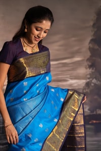 Azure Blue Banarasi Soft Silk Saree with Navy Zari Border and Silver Floral Buttas  in Surat