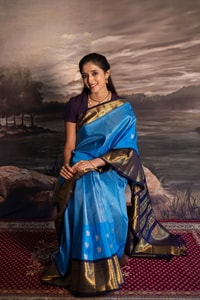 Azure Blue Banarasi Soft Silk Saree with Navy Zari Border and Silver Floral Buttas  in Surat