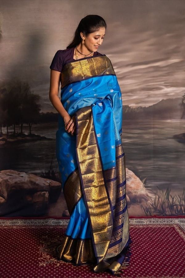 Azure Blue Banarasi Soft Silk Saree with Navy Zari Border and Silver Floral Buttas  in Surat