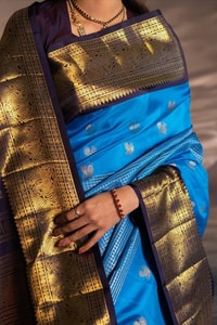 Azure Blue Banarasi Soft Silk Saree with Navy Zari Border and Silver Floral Buttas  in Surat