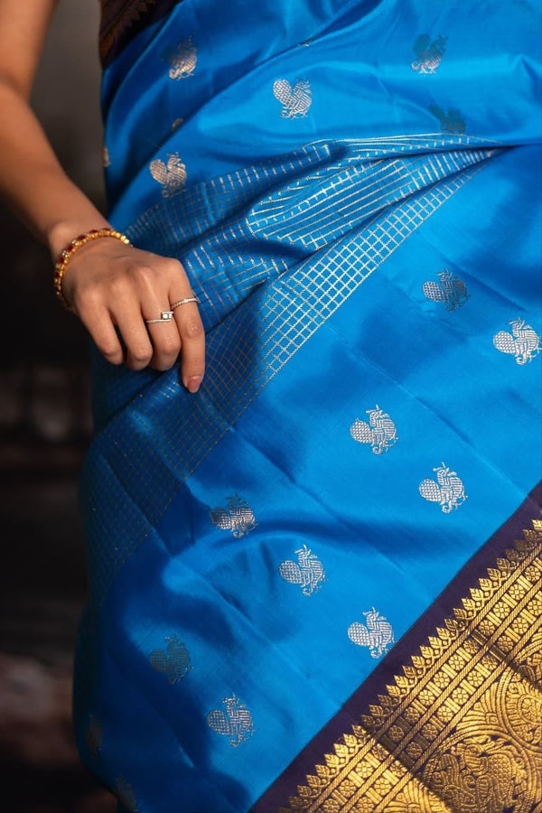 Azure Blue Banarasi Soft Silk Saree with Navy Zari Border and Silver Floral Buttas  in Surat
