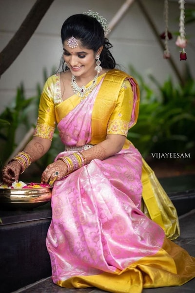 Baby Pink Banarasi Soft Silk Saree with Contrast Yellow Zari Border and Gold Pallu in Surat
