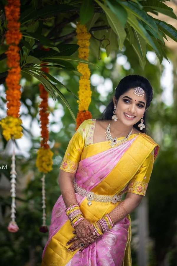 Baby Pink Banarasi Soft Silk Saree with Contrast Yellow Zari Border and Gold Pallu  in Surat