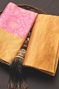 Baby Pink Banarasi Soft Silk Saree with Contrast Yellow Zari Border and Gold Pallu  in Surat