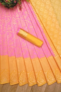 Baby Pink Banarasi Soft Silk Saree with Contrast Yellow Zari Border and Gold Pallu  in Surat